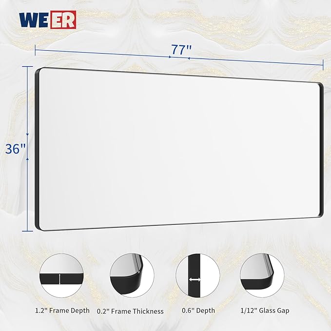 WEER Black Bathroom Mirror for Wall, 77X36 Inch Matte Black Mirror, Rectangular - Image 6