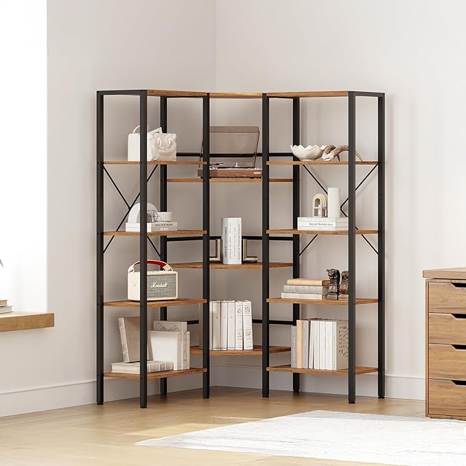 HOOBRO Industrial Corner Bookshelf, 5-Tier L-Shaped Bookcase, Open Display - Image 9