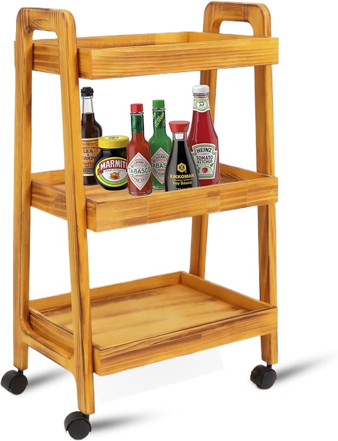 3-Tiers Ladder Shelf with Wheels, Wooden Rolling Cart, Solid Pine Wood Ladder - Image 4