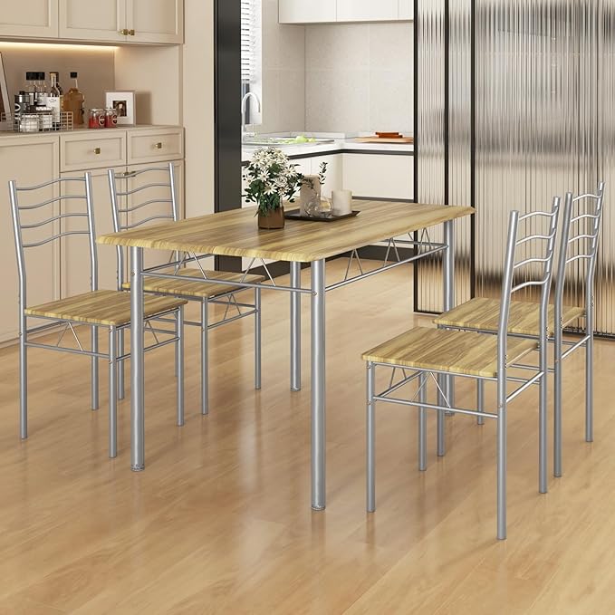 5 Piece Dining Table Set for 4 Chairs Modern Wood Metal Kitchen Breakfast - Image 7