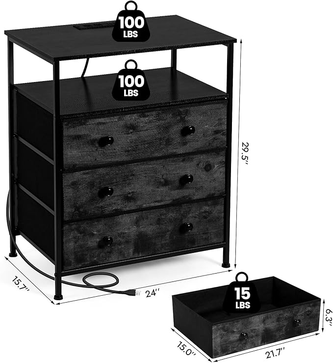 3 Drawers Dresser with Charging Station, 24 Inch Wide LED Night Stand Set 2 - Image 3