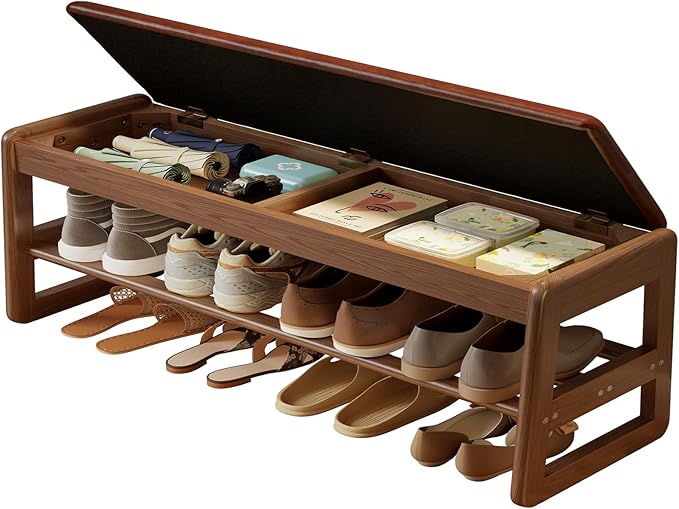 Shoe Rack Bench with Leather Cushion, 2 Tiers Shoe Bench with Flip-Top Storage by AQIMUELE-Solidwoodfurniture