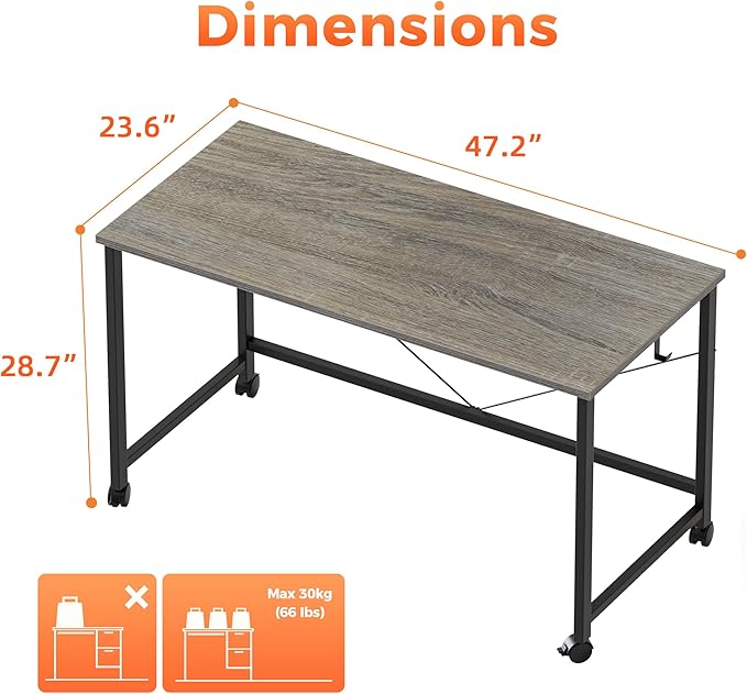 Rolling Computer Desk with Wheels, Gaming Desk - Image 2