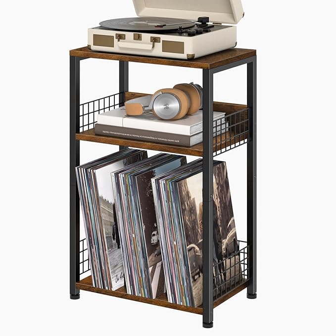 LELELINKY End Table with Storage, 3 Tier Record Player Stand with Vinyl Storage by LELELINKY