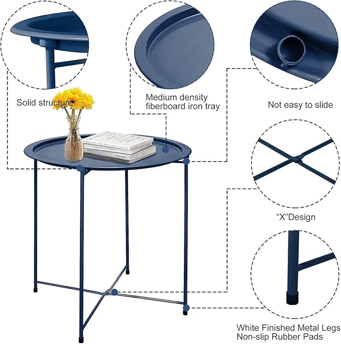 Garden 4 you End Table 2 PCS Metal Side Table Dark Blue Round Folding Tray Cyan - Image 5