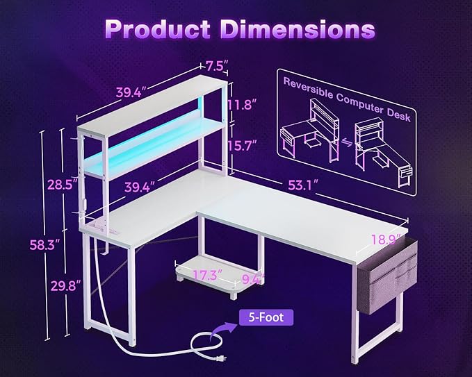 ODK 53 Inch L Shaped Desk with LED Lighting, Reversible Gaming Desk with Power - Image 3