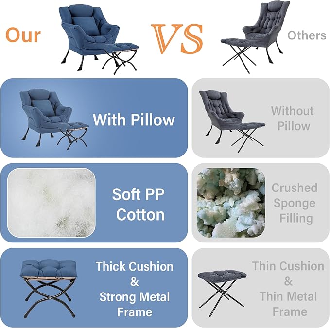 Lazy Chair with Ottoman, Comfy Reading Chair with Footstool & Pillow Modern - Image 7