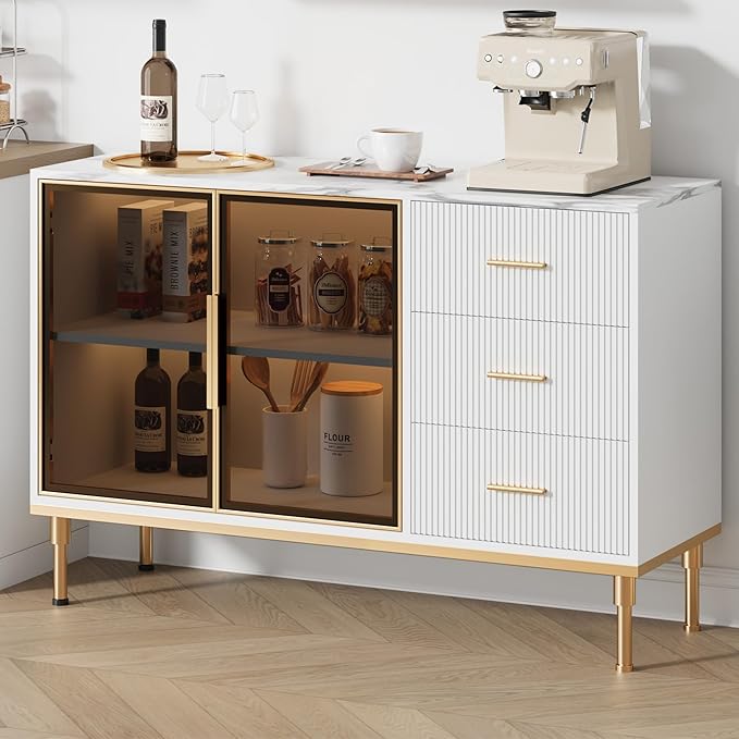Buffet Sideboard Cabinet with Storage, 46.4" Large Fluted Kitchen Sideboard - Image 4