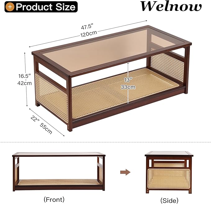 Welnow Rattan Coffee Table for Living Room, Modern 2-Tier Rectangle Center Table - Image 3