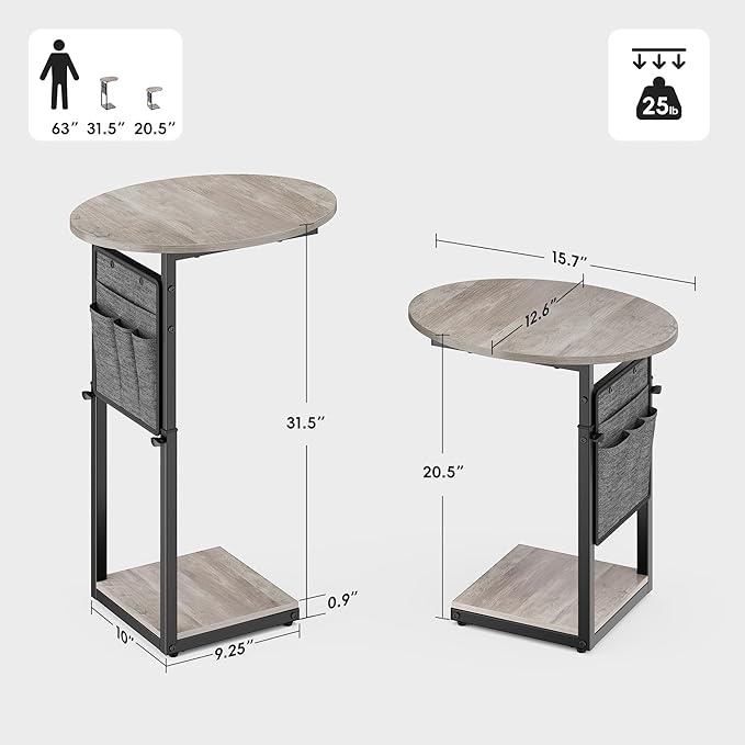 Vagusicc C Shaped End Table, Adjustable Height Small Side Table - Image 2