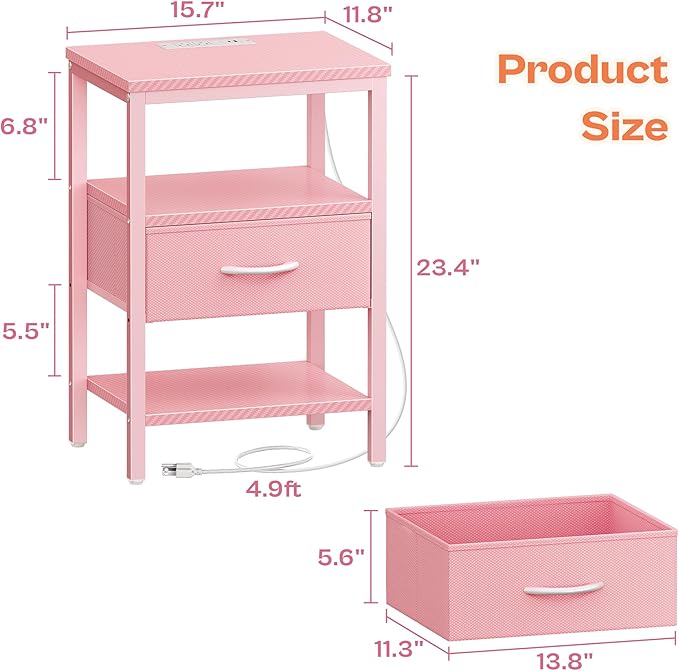 SUPERJARE Nightstand with Charging Station, Bed Side Table with Adjustable - Image 2