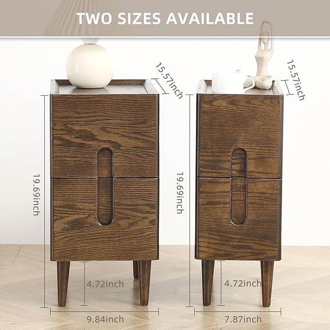 Solid Wood Bedside Table Nightstands, Slim Narrow Oak Real Wooden Mid-Century - Image 2