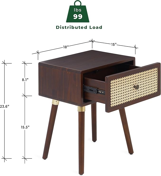 Bme Nipe Solid Wood and Rattan Nightstand, Fully Assembled, Woven Cane End Table - Image 2