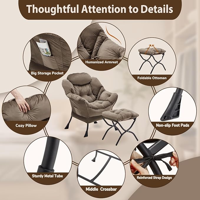 Lazy Chair with Folding Ottoman, Accent Chair Velvet Upholstered with Metal - Image 6