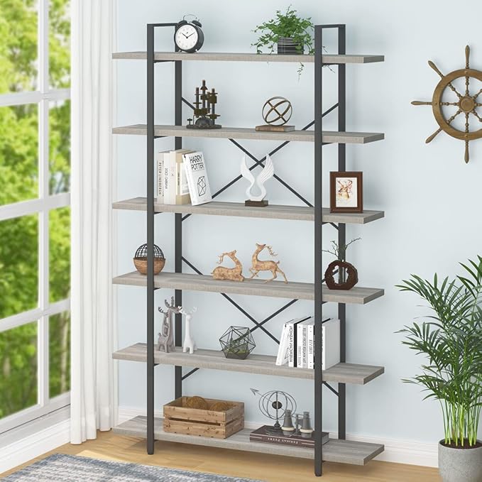 HSH 6 Tier Tall Bookshelf, Metal Wood Vertical Display Book Shelf, Industrial 6 - Image 10