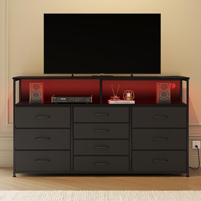 55W 10-Drawers Dresser with 2 Open Storage Shelves, TV Stand Dresser - Image 3