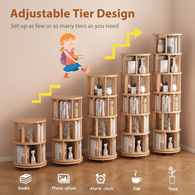 Solid Wood Rotating Bookshelf on Wheels, 6 Tier, Round Revolving Bookcase - Image 7
