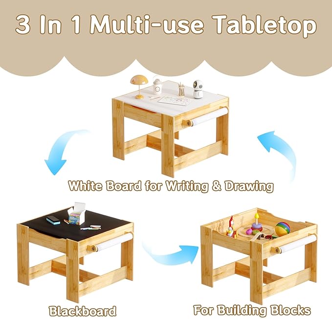 Pinewood Kids Table and Chair Set, 3 in 1 Toddlers Wooden Art Activity Table - Image 5