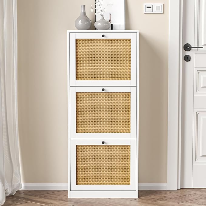 Rattan Shoe Cabinet with 3 Flip Drawers, Narrow Shoe Rack Cabinet with - Image 6