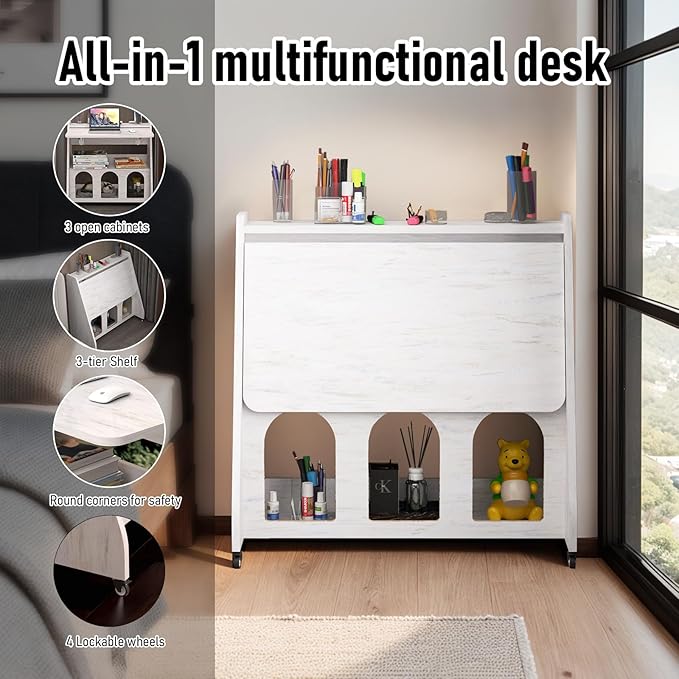 Pmnianhua Farmhouse Portable Desk on Wheels, Mobile Workstation, Rolling - Image 3
