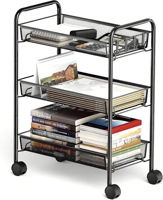 3 Tier Rolling Cart, Mesh Wire Utility Carts, Metal Storage Shelf by facdiwok