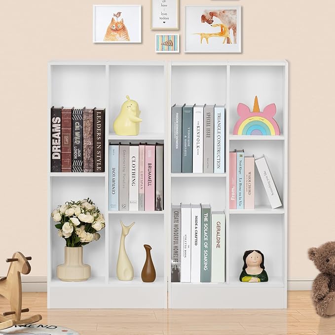 YAHARBO 5 Cube White Bookshelf, Small Modern Horizontal Bookcase, Wood Floor - Image 4
