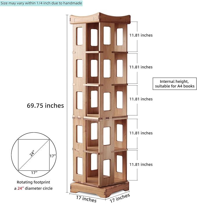 Wooden Rotating Bookshelf, Larger Solid Wood Revolving Bookcase, 360°Spinning - Image 2