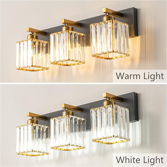 Modern Bathroom Vanity Light 3-Lights Black Gold Crystal Bathroom Wall Light - Image 2