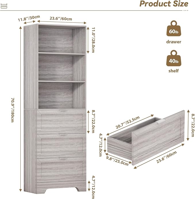 71'' Tall Bookshelf with Drawers, 6 Tier Wooden Bookcase Storage Organizer - Image 2