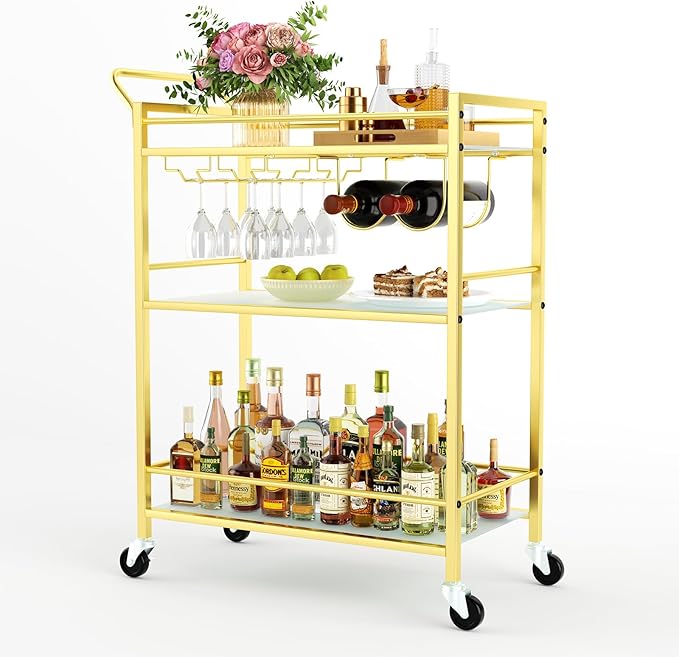 Gold Bar Cart, Serving Cart for Home, Rolling Beverage Cart by GRILLFORCE
