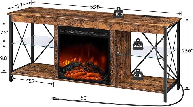 HOOBRO Fireplace TV Stand with Charging Station and LED Lights, TV Stand with - Image 7
