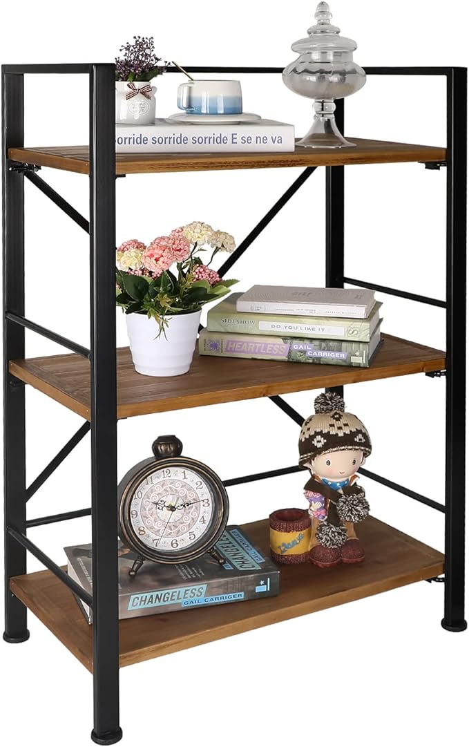 Crofy Rustic Bookshelf, 3 Tier Real Wood Bookshelf, Metal Book Shelf by Crofy