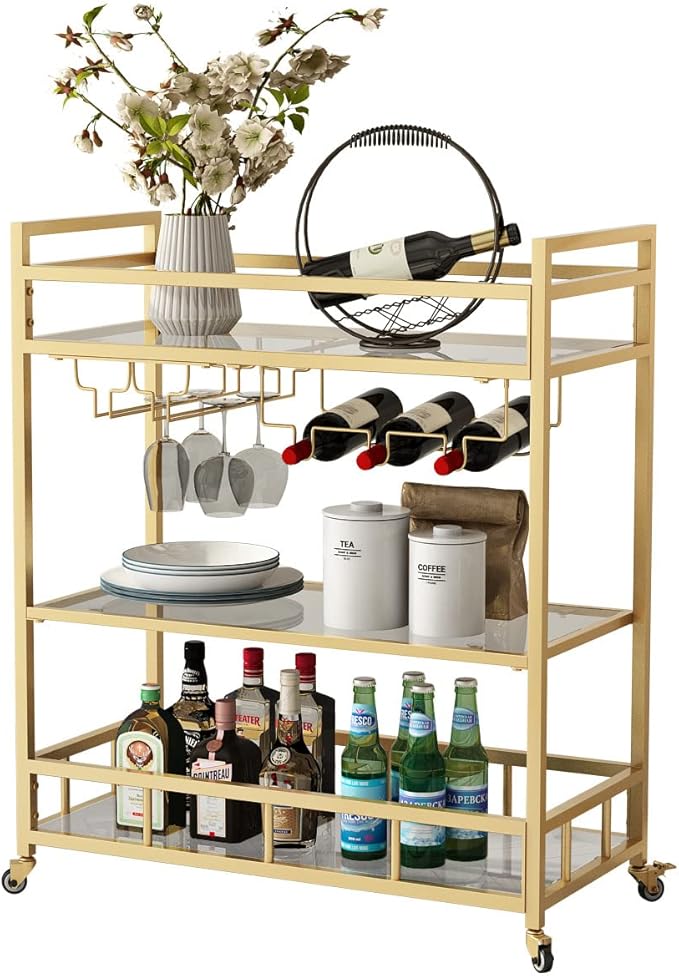 Bar Cart Gold with Bottle Storage and Wine Glass, Rolling Serving Bar Cart on - Image 7