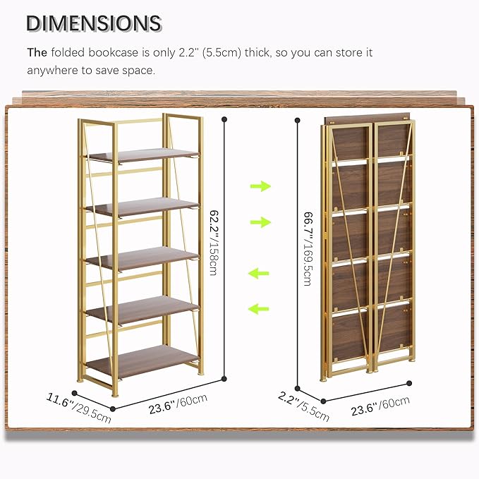 4NM No Assembly Folding Bookshelf, 5-Shelf 62.2" H Collapsible Foldable - Image 2