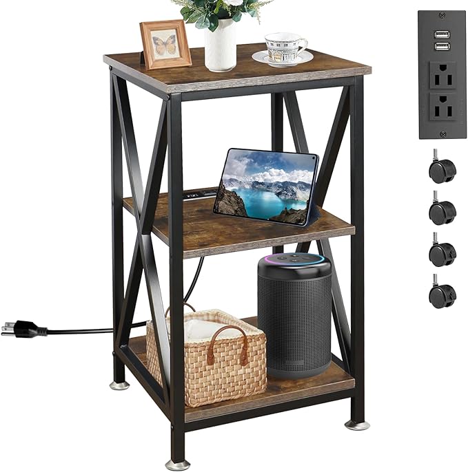 Square End Table with Charging Station, 3-Tier End Table Living Room, Wood and by TooCust