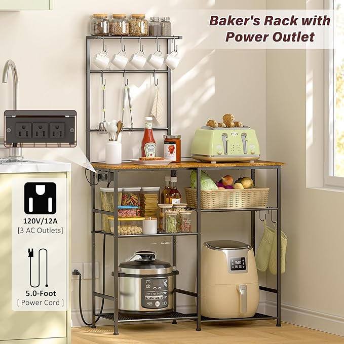 Bakers Rack with Power Outlet, Kitchen Microwave Stand with 10 S-shaped Hooks - Image 3
