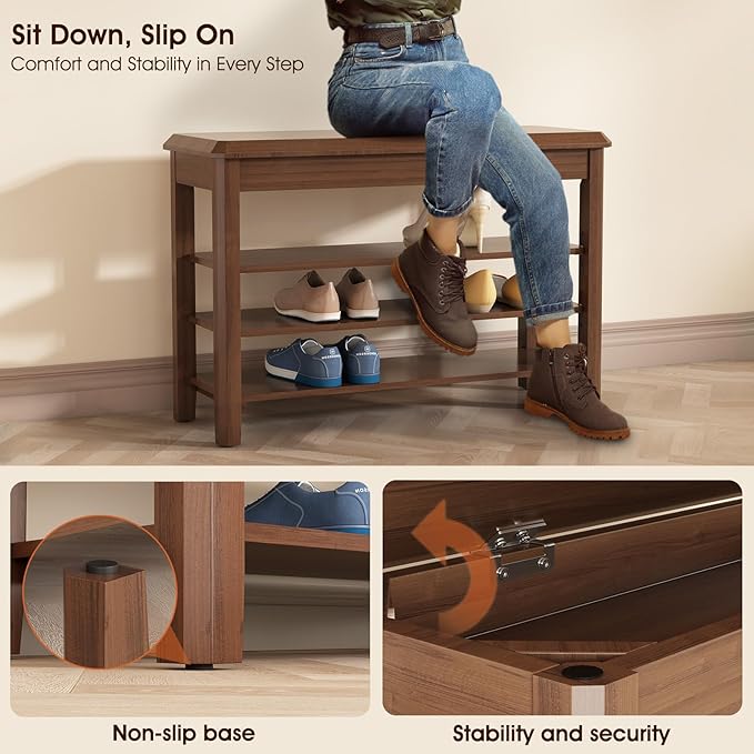 Shoe Rack Bench Seat Rubberwood 3-Tier Wooden Storage Bench 550lbs Compact - Image 7