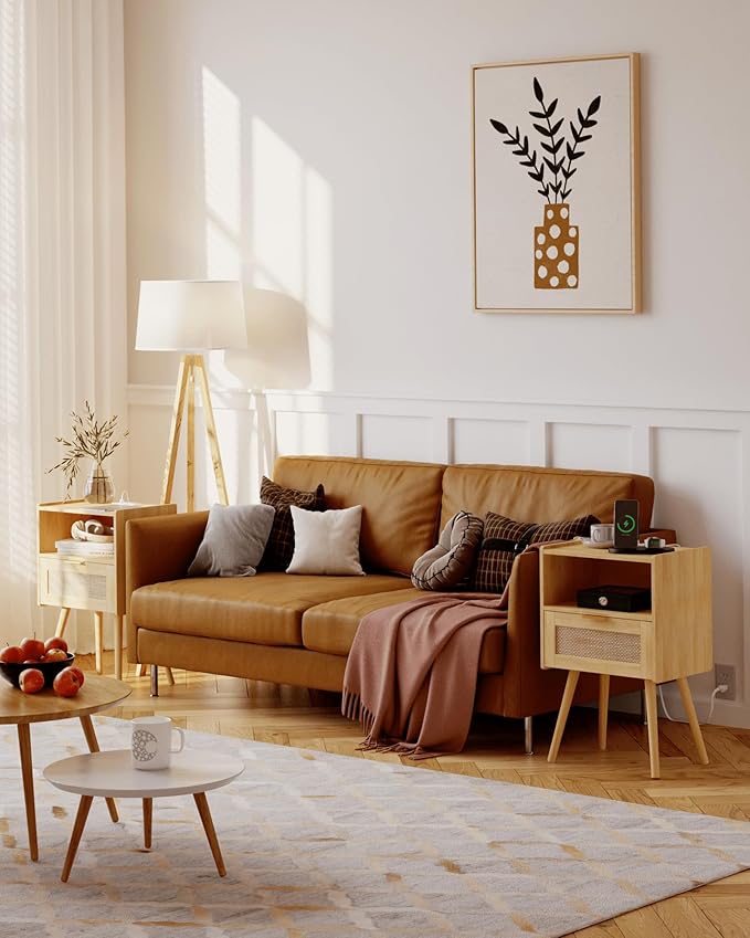 Rattan Nightstand with Outlet, Modern Bedside Table with Storage Drawer and - Image 3