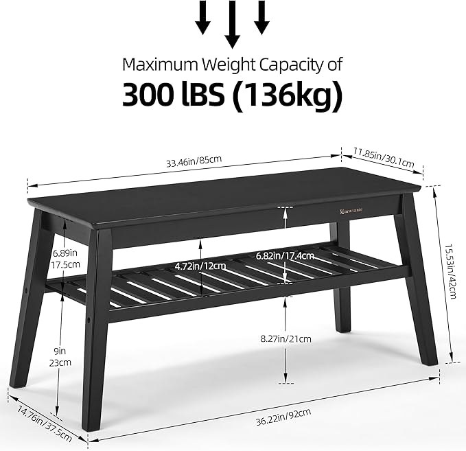 Nnewvante Bamboo Entryway Bench, 33.46" End of Bed Bench, 2 Tier Black Bench - Image 2