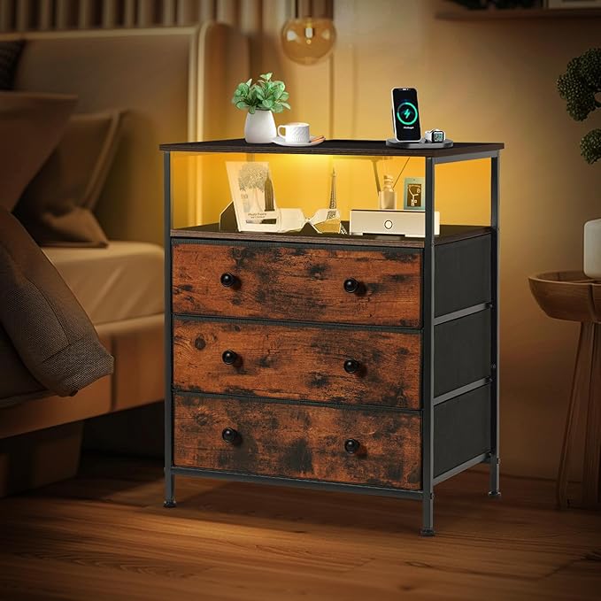 3 Drawers Dresser with Charging Station, 24 Inch Wide LED Night Stand with - Image 2