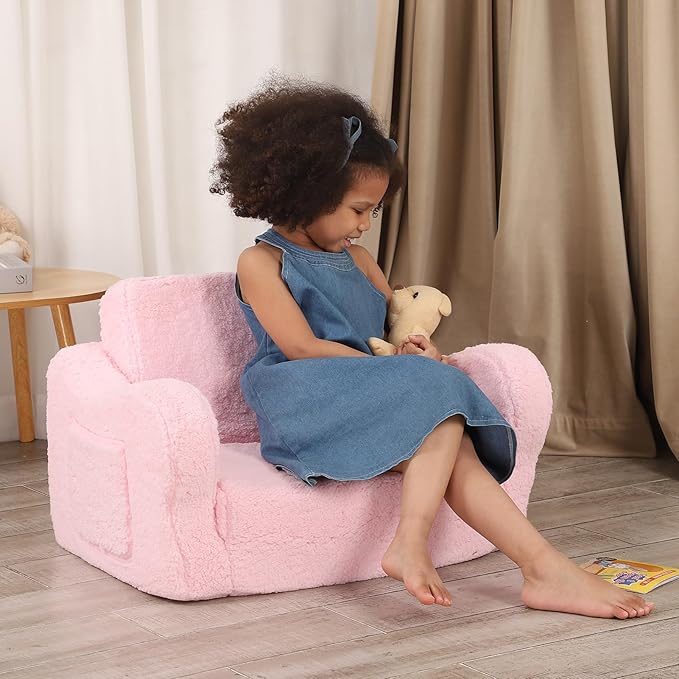 Comfy Toddler Chair, 2-in-1 Toddler Couch Fold Out, Convertible Sherpa Sofa to - Image 9