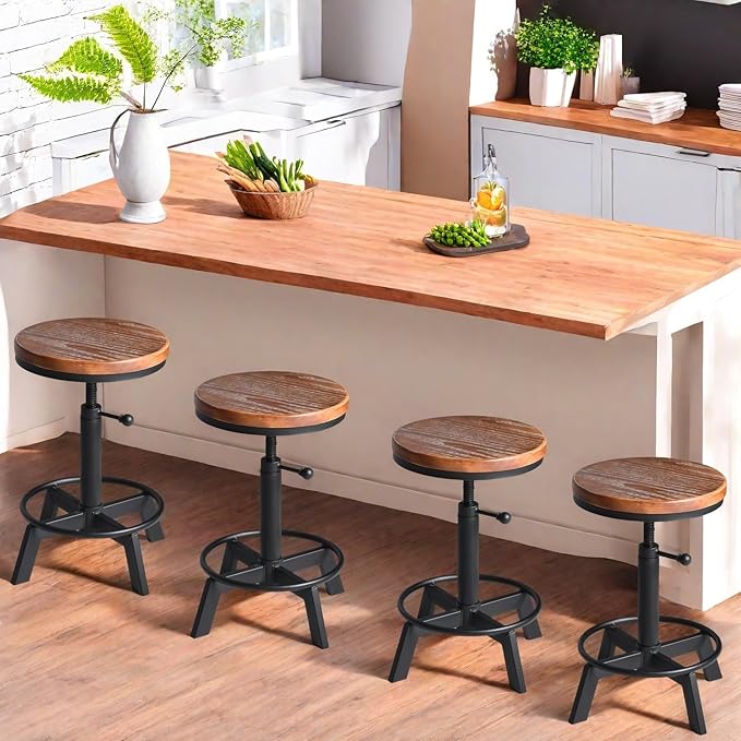 Set of 2-Industrial Bar Stool-Counter Height Chairs- Swivel Wooden Seat- - Image 7