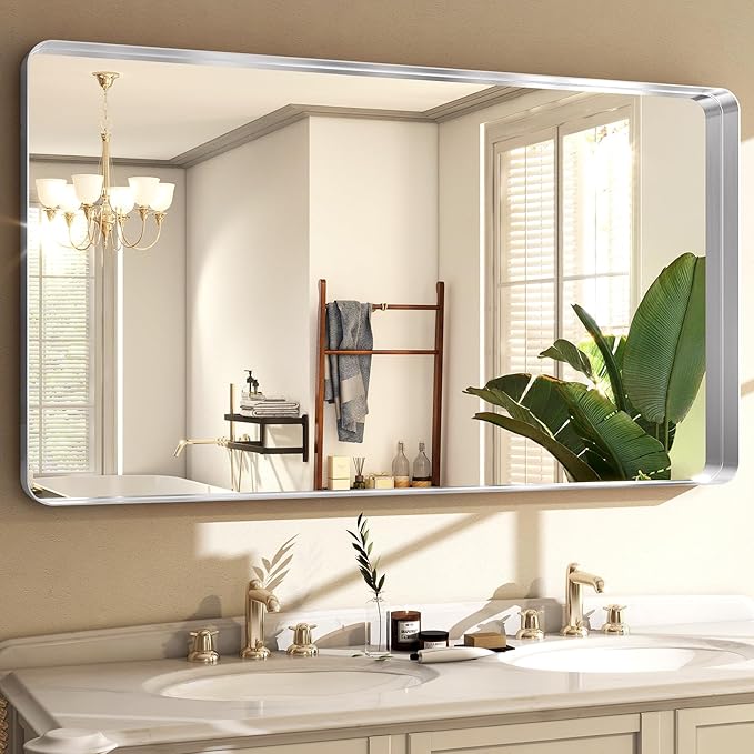 48 x 30 Inch Silver Bathroom Mirror, Rectangular Wall Mounted Shatterproof - Image 2