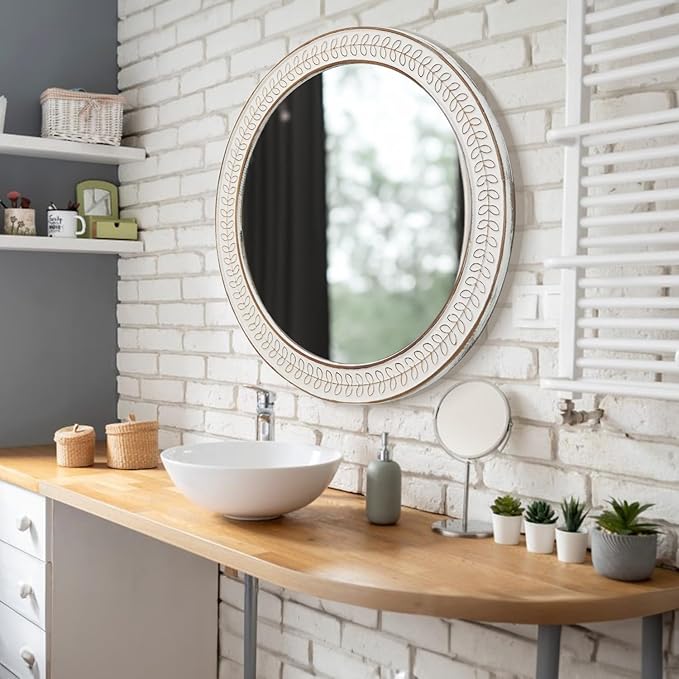 24 inch Round Rustic Wooden Mirrors, Distressed Circle Mirror - Image 6