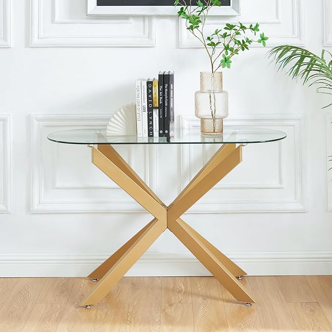 Gold Glass Oval Console Table, Modern Style Entryway Hallway Narrow Sofa Table - Image 6