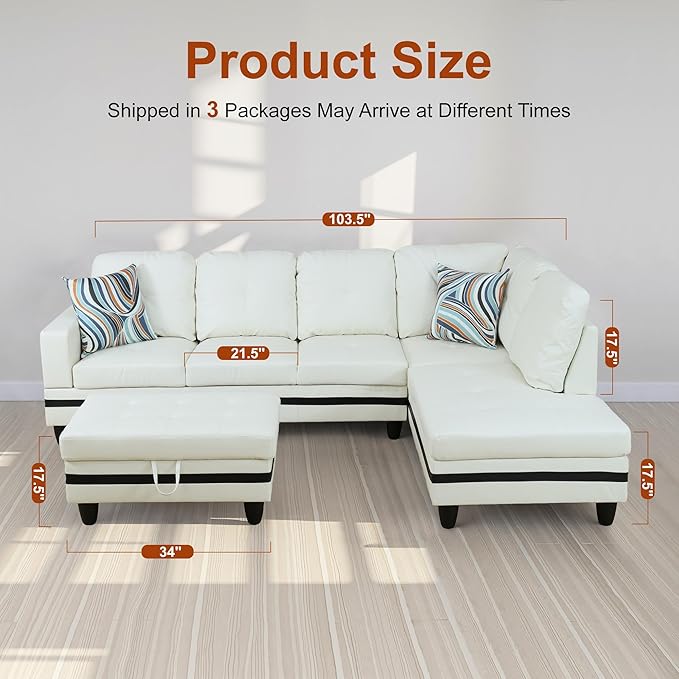Osparple L Shaped Couch PU Leather Sectional Couch Upholstered 3 Pieces Sofas - Image 2
