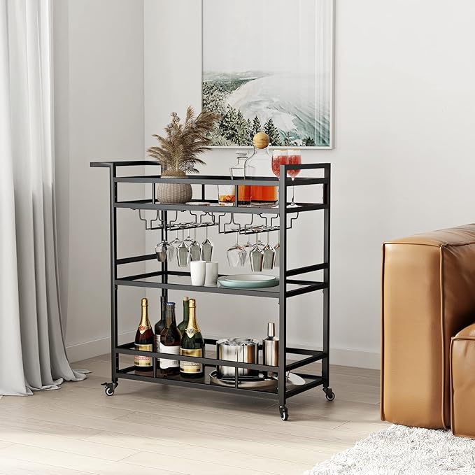 Black Metal Bar Carts with 3 Tier Glass Shelves, Rolling Serving Bar Cart with - Image 4