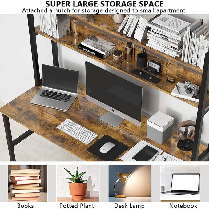 Aquzee Computer Desk with Hutch Bookshelves, 55 Inch Home Office Writing Desk - Image 7