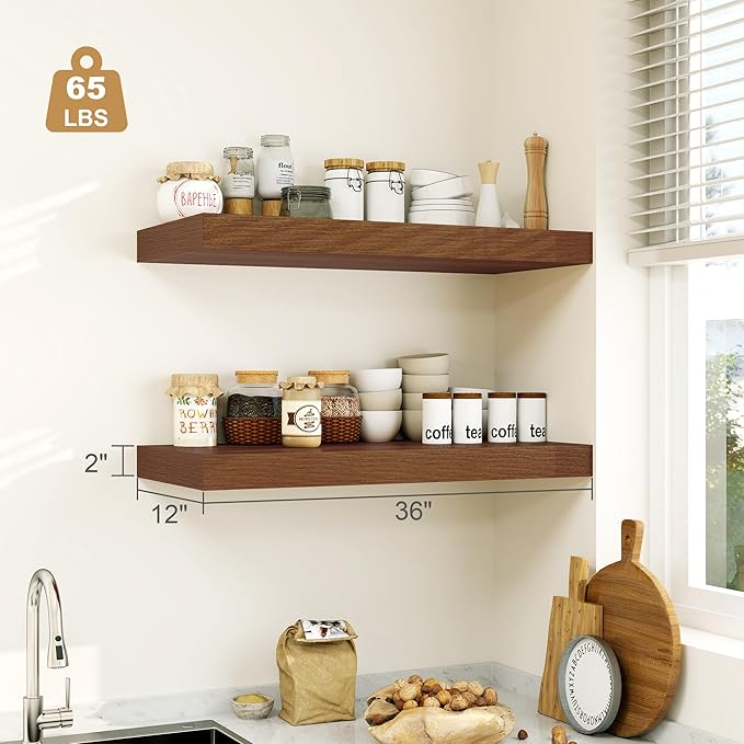 12" Deep Walnut Floating Shelves, Over Toilet Long Wall Mounted Modern - Image 3