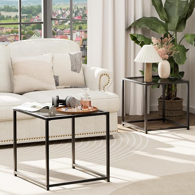 VILAWLENCE Coffee Table Set of 2, Modern Grey Patterned Glass Side Table - Image 6